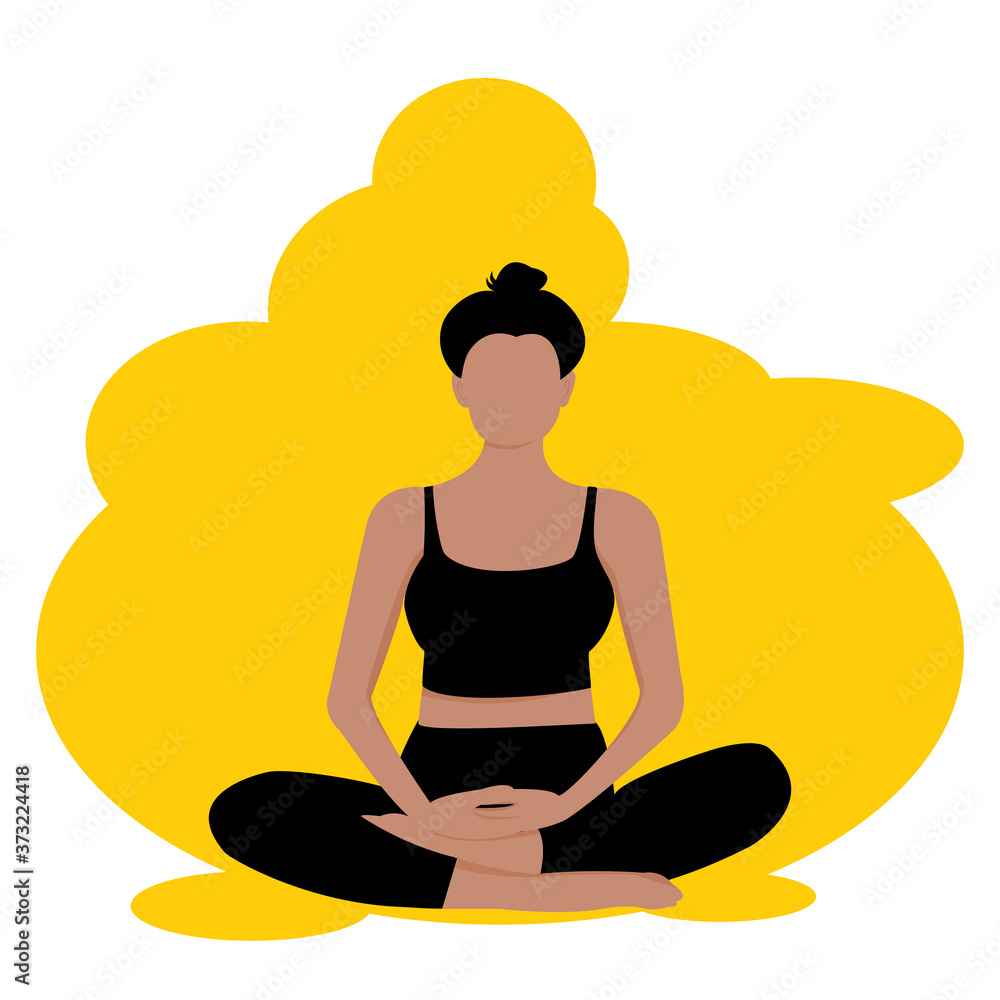 Woman character is sitting in lotus pose.  Lady with hair tie home workout body positive. Cartoon Vector isolation on Yellow background. Idea concept for healthy ,Zen, Logo,Fitness healthy lifestyle