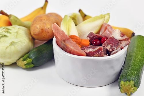 Bowl with dog food consisting of raw beef and chicken meat, salmon fish, fruits and vegetables surrounded by healthy ingredients in blurry background photo