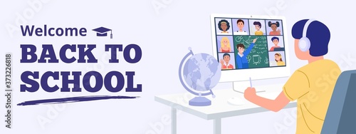 Back to school concept. A boy learning with computer at home. Vector
