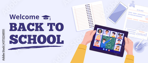 Back to school concept. Top view of a boy learning with tablet at home. Vector