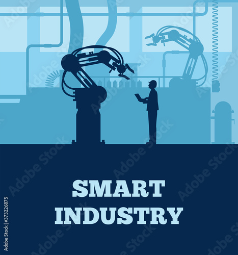 Industry 4.0 concept, Silhouette of automated production line with worker. Vector