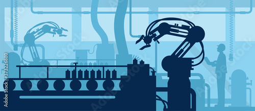Industry 4.0 concept, Silhouette of automated production line with worker. Vector