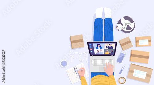 Work from home concept, Top view of young man sitting on floor and using laptop for selling products at home. Vector
