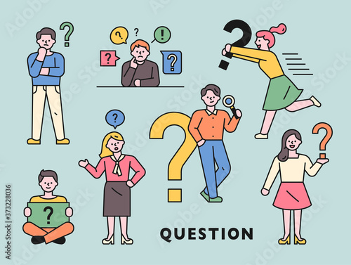 People are making a thinking gesture while holding a question mark icon. flat design style minimal vector illustration.