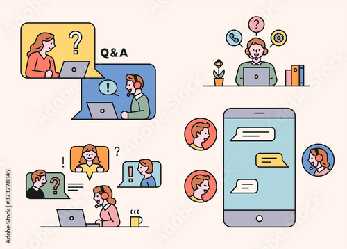 People are asking questions through computer and mobile messages. flat design style minimal vector illustration.