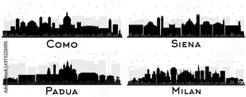Tela Padua, Siena, Milan and Como Italy City Skyline Silhouette with Black Buildings Isolated on White