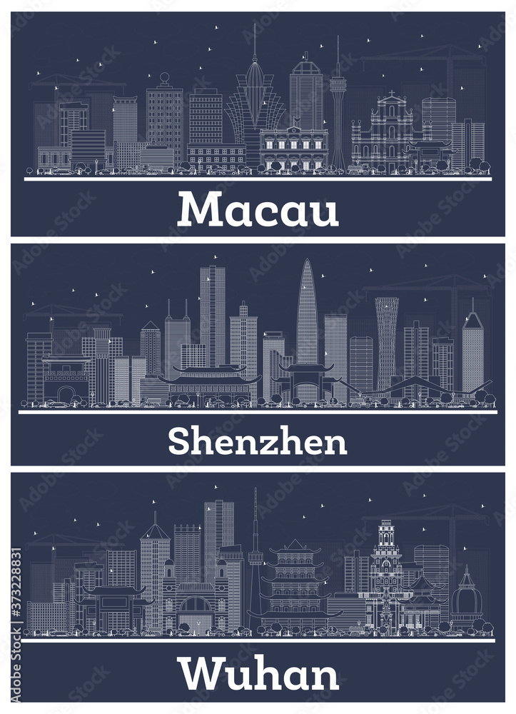 Outline Shenzhen, Macau and Wuhan China City Skylines with White Buildings.