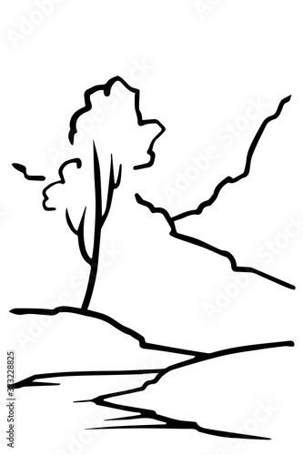 Outline landscape. There are tree, river, mountains. Vector illustration