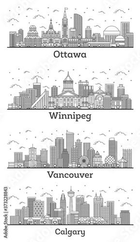 Outline Vancouver, Winnipeg, Calgary and Ottawa Canada City Skylines with Modern Buildings Isolated on White.