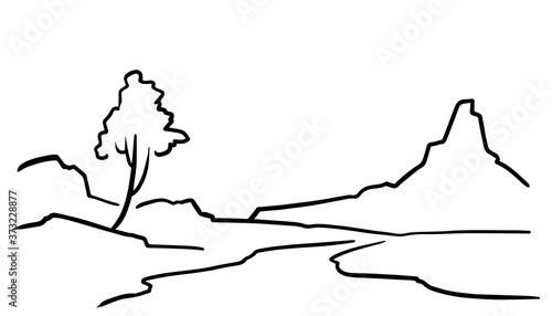 Outline landscape. There are river  tree  mountain. Vector illustration