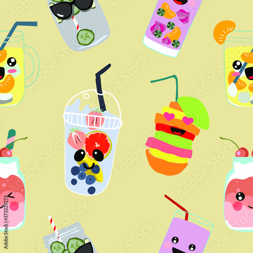 Seamless pattern. Cute kawaii drinks. Various varieties of refreshing lemonades and fruits. Vector illustration