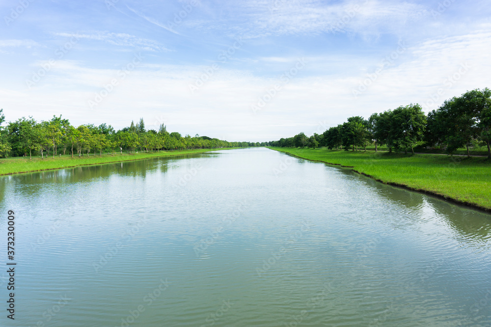 Long and straight canal in a rural landscape summer season and along Canal with trees along the way and clear skies Long and straight canal in a rural landscape summer season and along Canal with trees along the way and clear skies