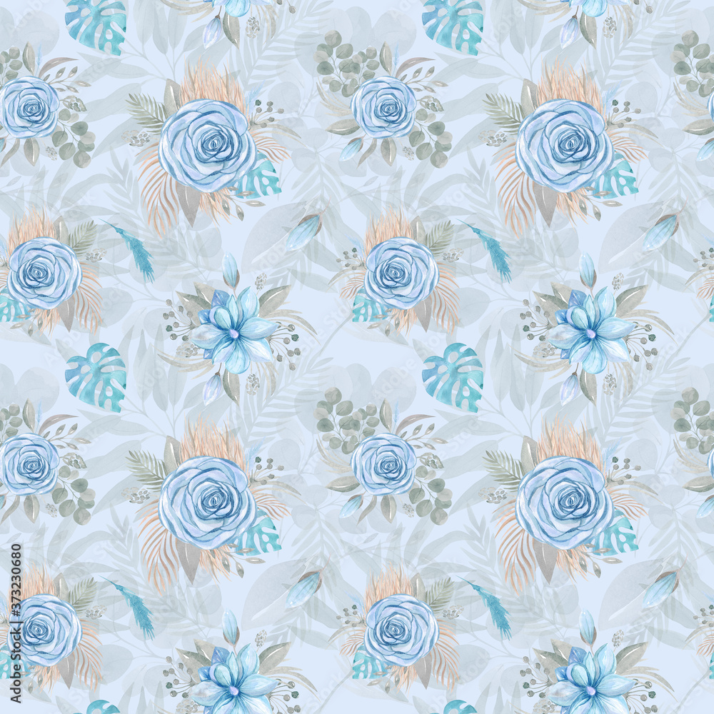 Seamless pattern Watercolor illustration of a Boho bouquet of blue rose and dried tropical leaves on a blue background Floral arrangement wedding flowers Seamless pattern Watercolor illustration of a Boho bouquet of blue rose and dried tropical leaves on a blue background Floral arrangement wedding flowers