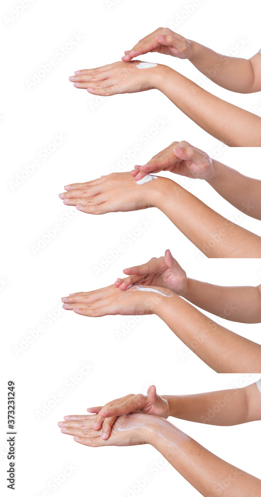Mutiple shot of 4 step of applying hand cream, Isolate on white background, White clipping path. Mutiple shot of 4 step of applying hand cream, Isolate on white background, White clipping path.