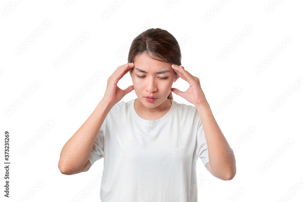 Asian woman having headache and pressing fingers to temples, Isolate on white background, With clipping path Asian woman having headache and pressing fingers to temples, Isolate on white background, With clipping path
