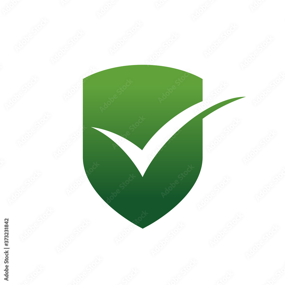 Logotipo escudo con símbolo check en espacio negativo en color verde Logotipo escudo con símbolo check en espacio negativo en color verde