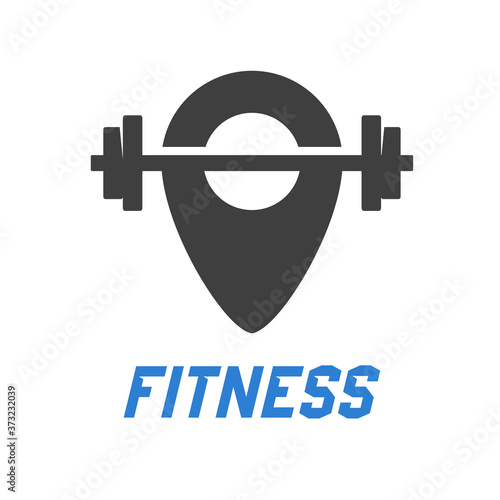 Concepto gimnasio. Logotipo Fitness con barra con pesas en puntero en gris y azul
