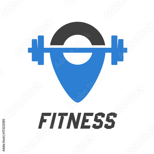 Concepto gimnasio. Logotipo Fitness con barra con pesas en puntero en gris y azul