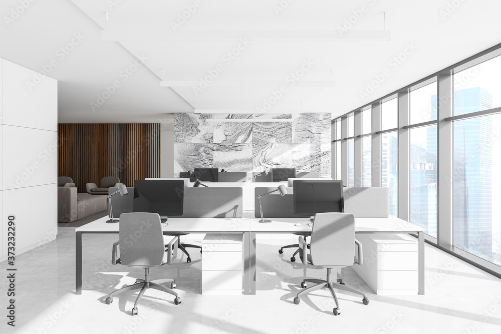 Panoramic white marble open space office Panoramic white marble open space office