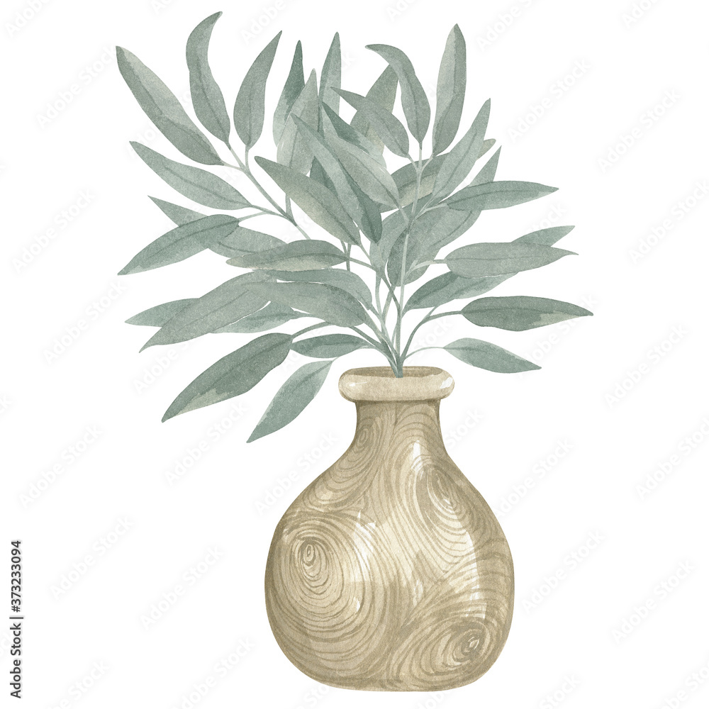 Watercolor illustration of a Branch of eucalyptus in a boho wooden vase Home decor Scandinavian style Watercolor illustration of a Branch of eucalyptus in a boho wooden vase Home decor Scandinavian style