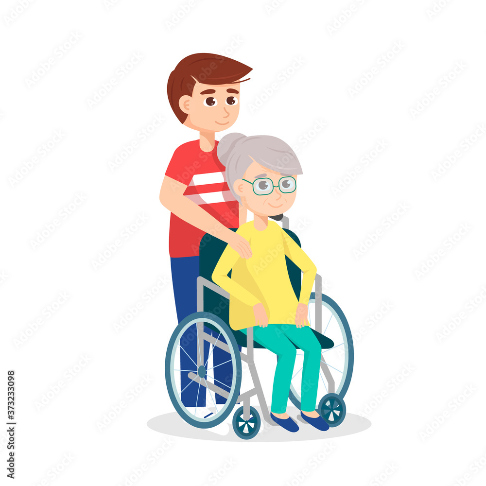 Grandson takes care of the grandmother in a wheelchair. Vector illustration of a flat design