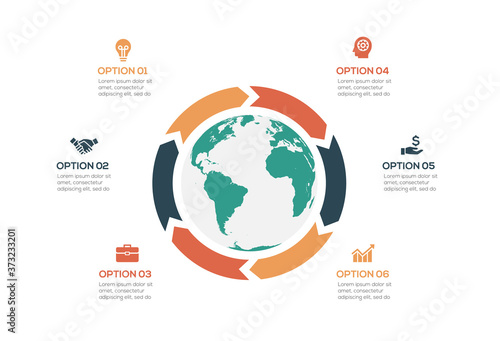 Vector infographics global template for 6 options. Can be used for workflow layout, banner, cycle diagram, web design, infographic template