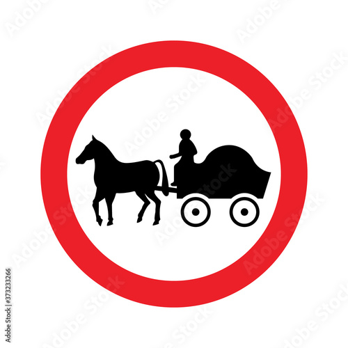 No horse-drawn vehicles road sign. No entry for horse and buggy carriage. Vector illustration of prohibition traffic sign. Horses are not allowed. Horse drawn carriage pictogram.