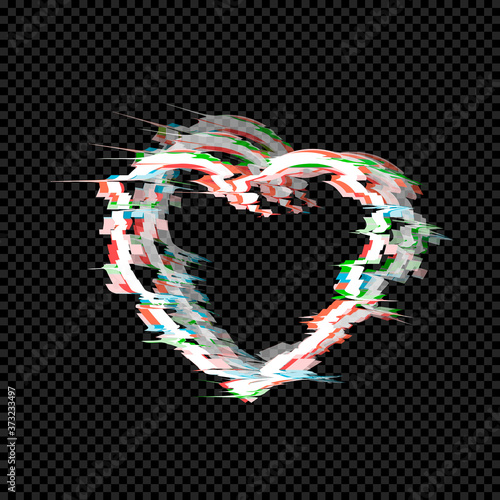 Vector glitched heart illustration isolated on dark transparent background, motion lights, technological love symbol, geometric.