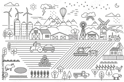 Linear vector illustration. Green farm. Fields, vegetable gardens, hangars, buildings, barns, agricultural machinery. Eco farm. 