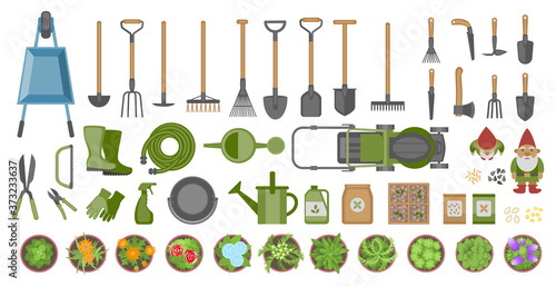 Garden tools and plants. Top view. Set of various gardening items. Flat design illustration of items for gardening. View from above.