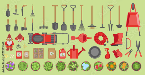 Garden tools and plants. Top view. Set of various gardening items. Flat design illustration of items for gardening. View from above.