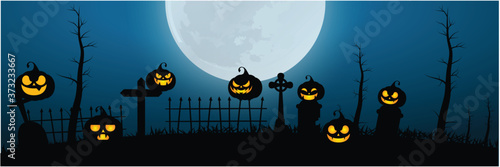 Halloween Poster, night background with creepy castle and pumpkins, illustration. Greeting card halloween celebration, halloween party poster.