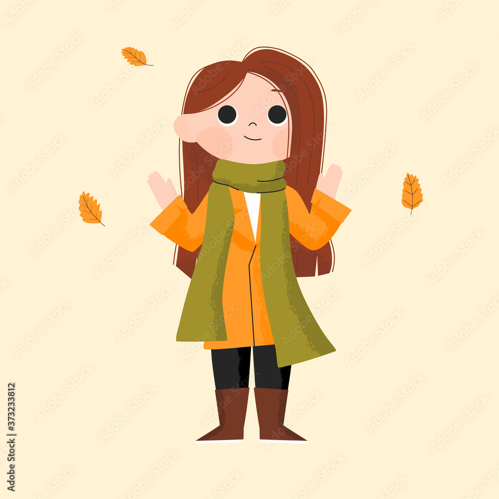Hello autumn. Girl wearing autumn clothes doing outdoor activity. Hand drawn Children character vector illustration Hello autumn. Girl wearing autumn clothes doing outdoor activity. Hand drawn Children character vector illustration