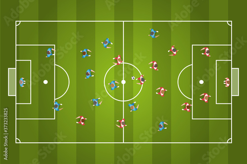 Football stadium and soccer team. Top view. Soccer field with the players. View from above. Soccer championship background. 