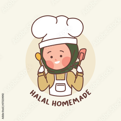 chef with a spoon. Halal homemade doodle logo template. cute doodle chef hand drawn with muslim hijab and apron with hat. logo for Islamic online shop  bakery  cooking and other