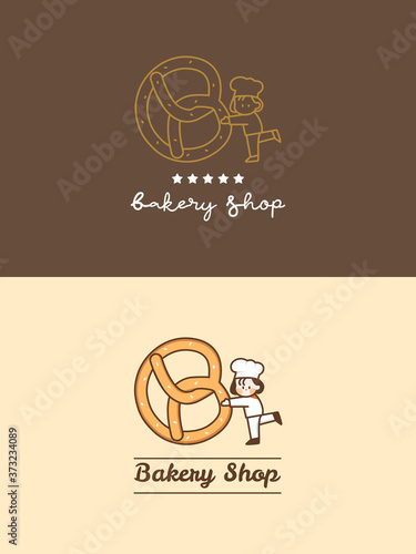 Set Hand drawn Cute bakery shop Pretzel with little chef and five stars logo template cartoon art illustration design