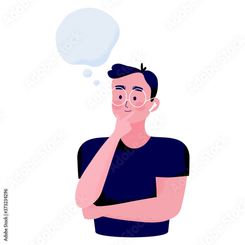 young man thinking. Concept illustration of a young man pose by placing a finger on the chin and smiles thinking about something with text space