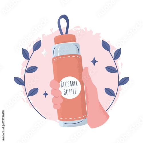 Closeup hand holding a reusable water bottle. Empty Glass bottle in hands. Zero waste flat illustration. hand holding a drinking water bottles. World Environment day and Earth day concept
