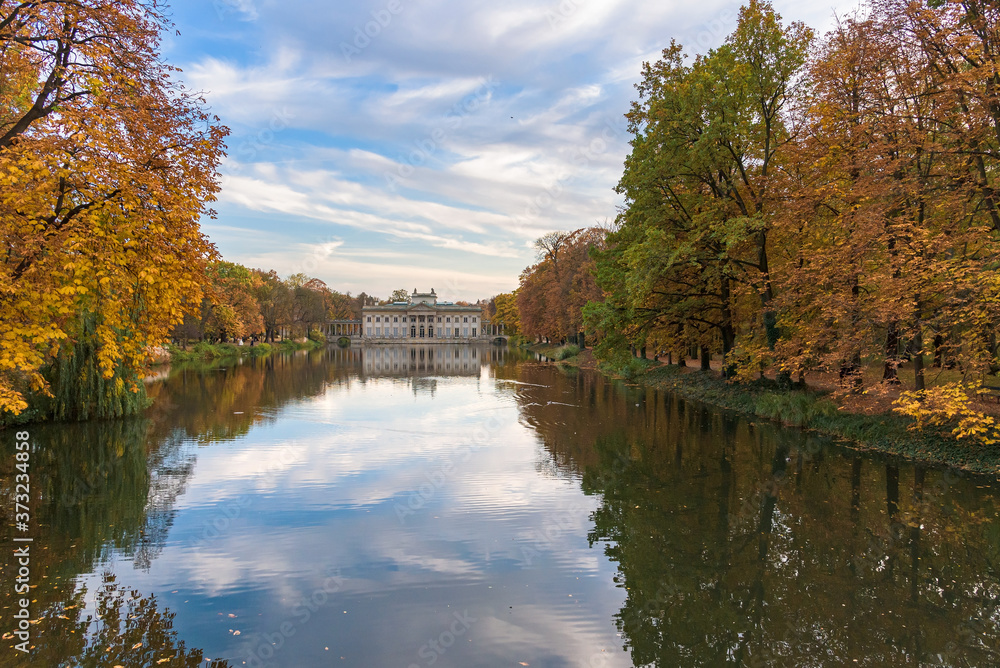 Pond and palace in Royal Baths Park in Warsaw Pond and palace in Royal Baths Park in Warsaw