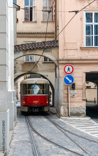 Prague, Czech Republic: Famous old red tramway in old town of Prague.