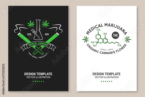 Medical cannabis poster, flyer, template with cannabis leaf, glass bong Vector. Typography logo design with cannabis leaf, glass bong silhouette For weed shop, cannabis, marijuana delivery service