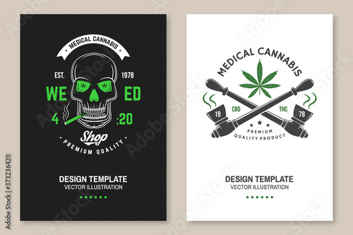 Medical cannabis shop poster, flyer, template with skeleton skull. Vector Vintage typography logo design with cannabis, skeleton skull silhouette For weed shop, cannabis, marijuana delivery service