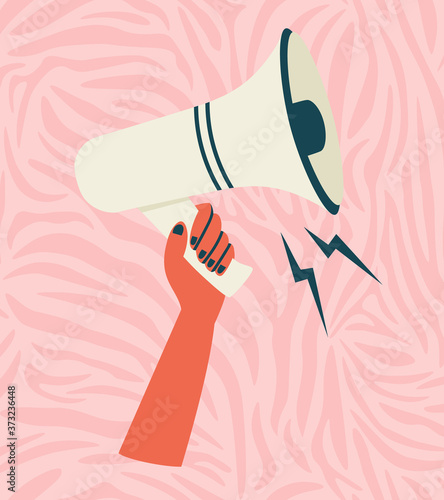 Vector illustration of hand with the loudspeaker on a pink zebra background. Girl power illustration.
