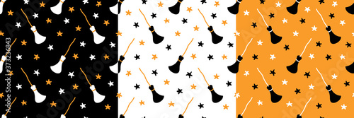 Set of seamless pattern with brooms and stars. Colorful vector illustration great for festive background, decoration, cards, wallpaper, digital paper, wrapping paper, prints, fabrics, textile designs.