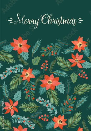 Christmas and Happy New Year illustration with Christmas tree and flowers.