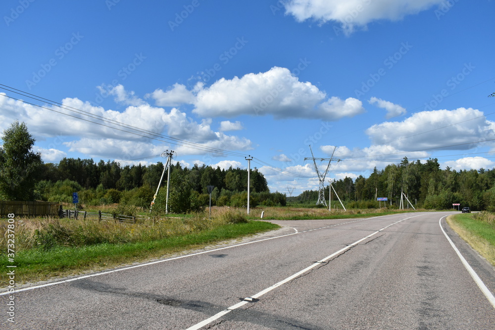 road in the forest under the power line