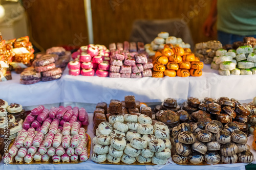 Closeup on candy, chocolate & marzipan stall on market shop, fair Budapest, Hungary