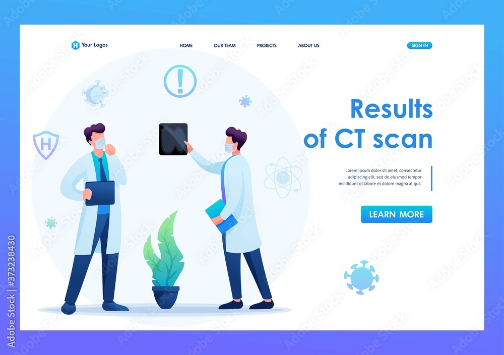Doctors discuss the results of the CT study. Keeps a social distance and wears masks. Flat 2D. Vector illustration for a landing page Doctors discuss the results of the CT study. Keeps a social distance and wears masks. Flat 2D. Vector illustration for a landing page