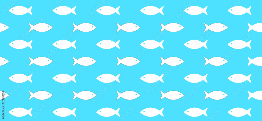 Fototapeta Fish of fishes seamless pattern background. Schools of fish swimming in the river water sign. Vector fishing underwater. Animal icons. Cartoon fish swim in the sea or ocean wave.