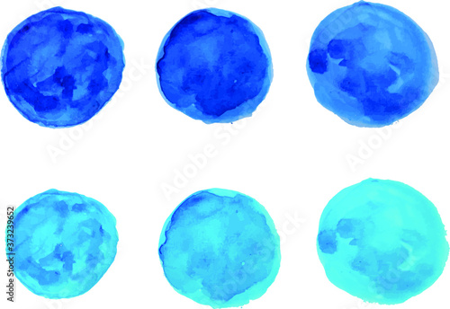 Blue watercolor blotch. Set of blue watercolor circles. Vector natural blue watercolor labels and shapes on transparent background. Hand drawn painted stains set.